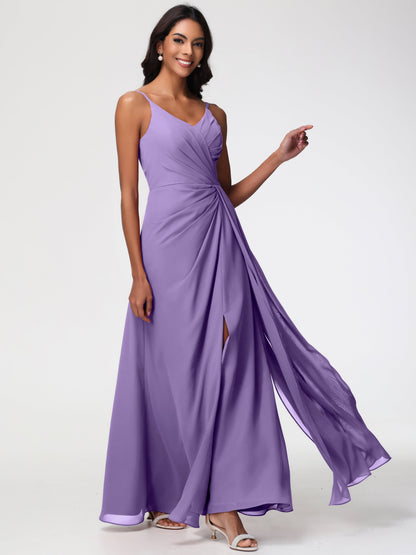 Tahiti Color Bridesmaid Dress A-Line V-Neck Spaghetti Straps Ruched Chiffon Bridesmaid Dresses With Slit