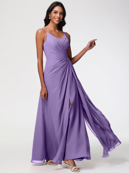 Tahiti Color Bridesmaid Dress A-Line V-Neck Spaghetti Straps Ruched Chiffon Bridesmaid Dresses With Slit