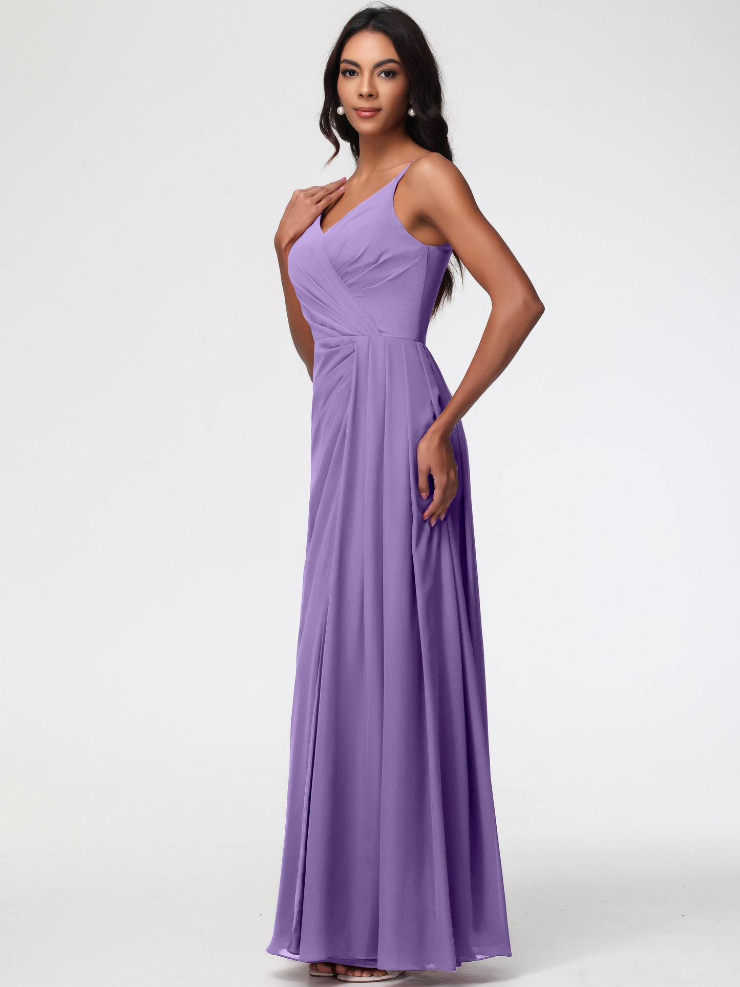 Tahiti Color Bridesmaid Dress A-Line V-Neck Spaghetti Straps Ruched Chiffon Bridesmaid Dresses With Slit