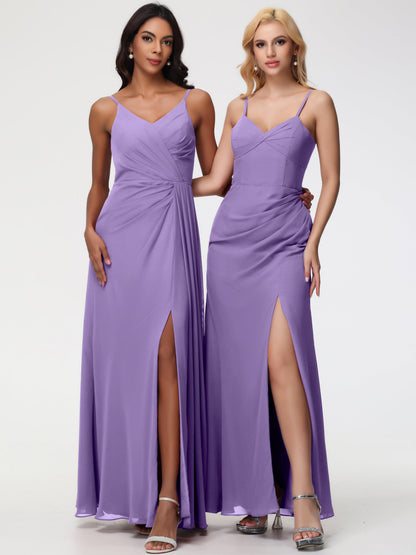 Tahiti Color Bridesmaid Dress A-Line V-Neck Spaghetti Straps Ruched Chiffon Bridesmaid Dresses With Slit