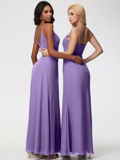 Tahiti Color Bridesmaid Dress A-Line V-Neck Spaghetti Straps Ruched Chiffon Bridesmaid Dresses With Slit