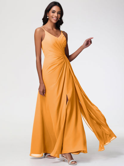 Tangerine Orange Bridesmaid Dress A-Line V-Neck Spaghetti Straps Ruched Chiffon Bridesmaid Dresses With Slit