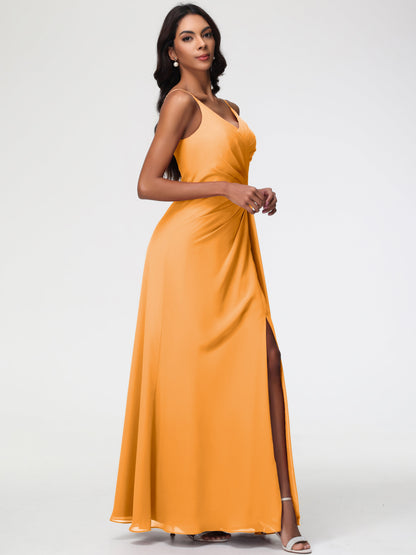 Tangerine Orange Bridesmaid Dress A-Line V-Neck Spaghetti Straps Ruched Chiffon Bridesmaid Dresses With Slit