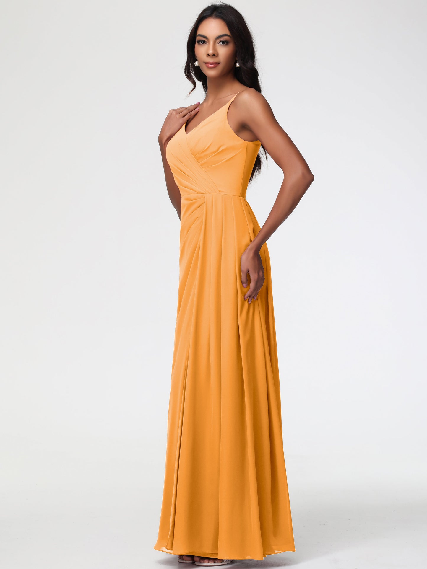 Tangerine Orange Bridesmaid Dress A-Line V-Neck Spaghetti Straps Ruched Chiffon Bridesmaid Dresses With Slit