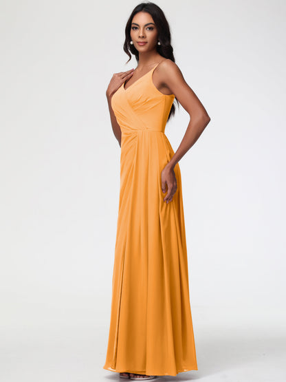 Tangerine Orange Bridesmaid Dress A-Line V-Neck Spaghetti Straps Ruched Chiffon Bridesmaid Dresses With Slit