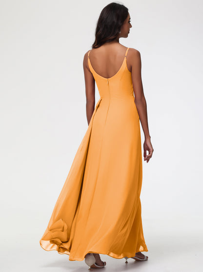 Tangerine Orange Bridesmaid Dress A-Line V-Neck Spaghetti Straps Ruched Chiffon Bridesmaid Dresses With Slit