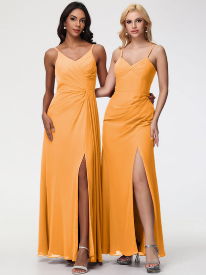 Tangerine Orange Bridesmaid Dress A-Line V-Neck Spaghetti Straps Ruched Chiffon Bridesmaid Dresses With Slit