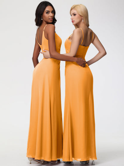 Tangerine Orange Bridesmaid Dress A-Line V-Neck Spaghetti Straps Ruched Chiffon Bridesmaid Dresses With Slit