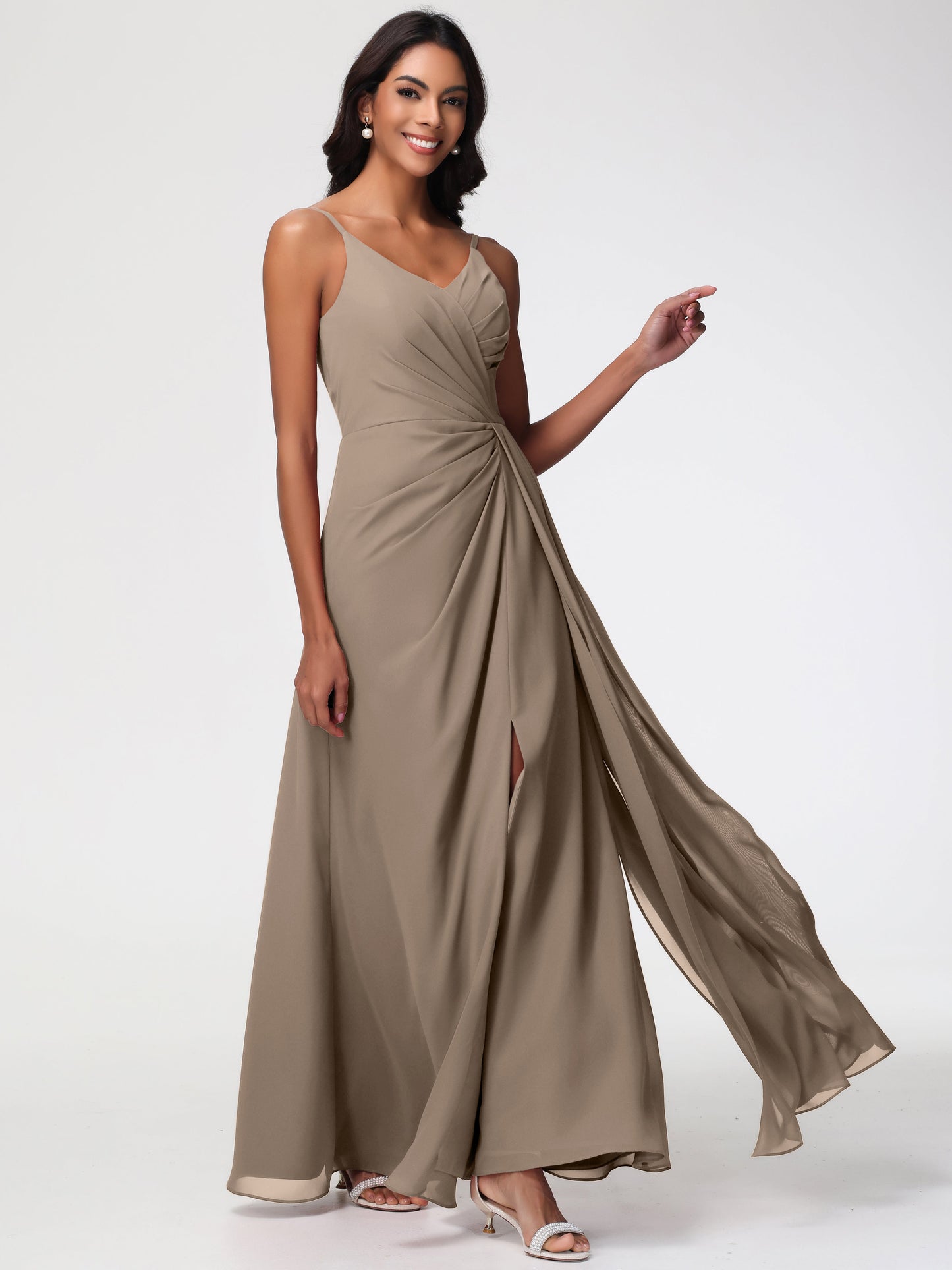 Taupe Colour Bridesmaid Dresses A-Line V-Neck Spaghetti Straps Ruched Chiffon Bridesmaid Dresses With Slit