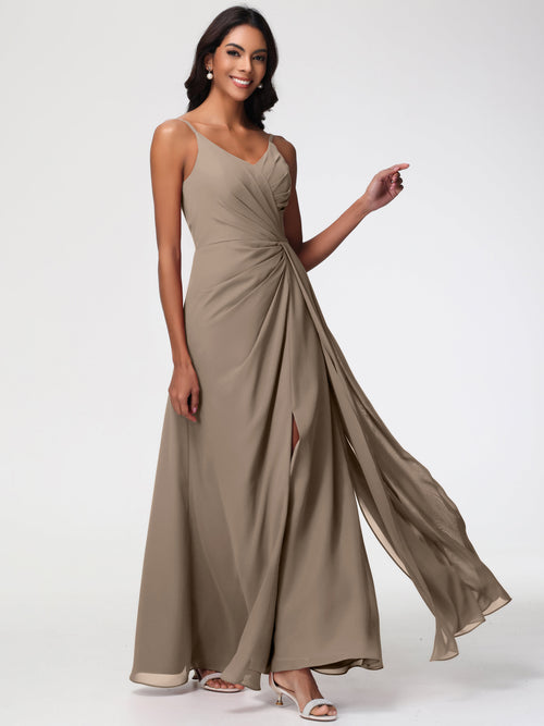 Taupe Colour Bridesmaid Dresses A-Line V-Neck Spaghetti Straps Ruched Chiffon Bridesmaid Dresses With Slit
