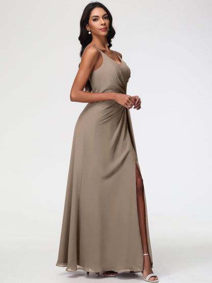 Taupe Colour Bridesmaid Dresses A-Line V-Neck Spaghetti Straps Ruched Chiffon Bridesmaid Dresses With Slit