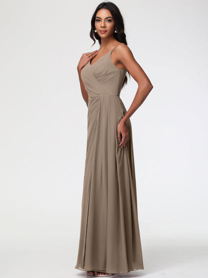 Taupe Colour Bridesmaid Dresses A-Line V-Neck Spaghetti Straps Ruched Chiffon Bridesmaid Dresses With Slit
