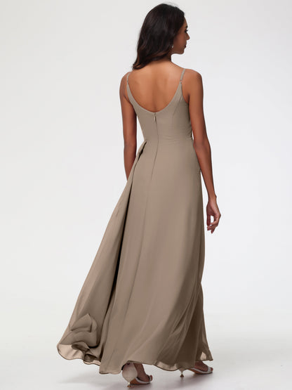 Taupe Colour Bridesmaid Dresses A-Line V-Neck Spaghetti Straps Ruched Chiffon Bridesmaid Dresses With Slit