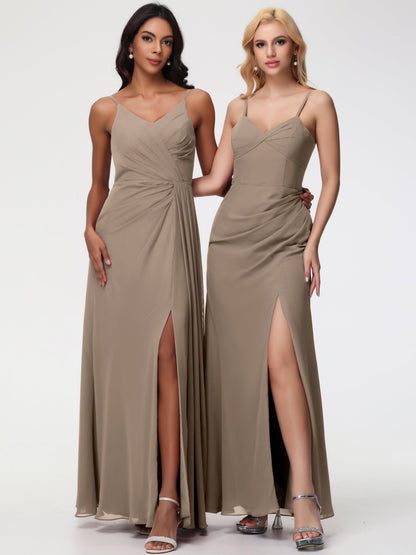 Taupe Colour Bridesmaid Dresses A-Line V-Neck Spaghetti Straps Ruched Chiffon Bridesmaid Dresses With Slit