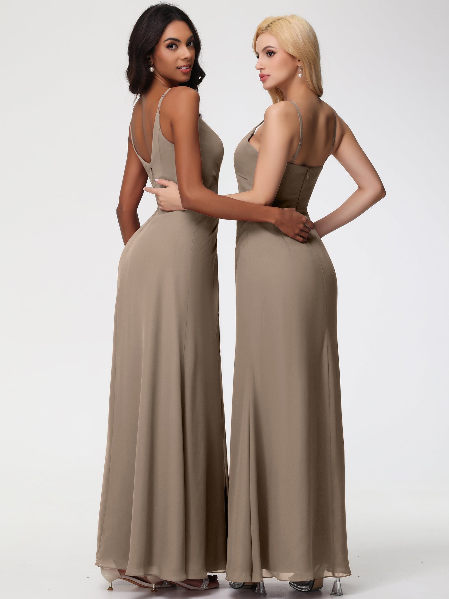 Taupe Colour Bridesmaid Dresses A-Line V-Neck Spaghetti Straps Ruched Chiffon Bridesmaid Dresses With Slit