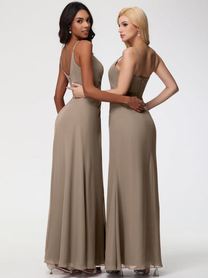 Taupe Colour Bridesmaid Dresses A-Line V-Neck Spaghetti Straps Ruched Chiffon Bridesmaid Dresses With Slit