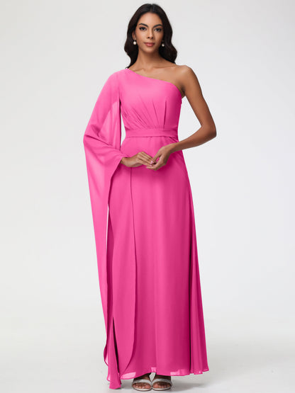 Azalea Bridesmaid Dress Flowy One Shoulder Long Sleeves Floor Length  Chiffon Bridesmaid Dresses