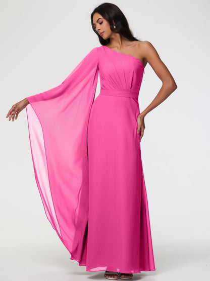 Azalea Bridesmaid Dress Flowy One Shoulder Long Sleeves Floor Length  Chiffon Bridesmaid Dresses