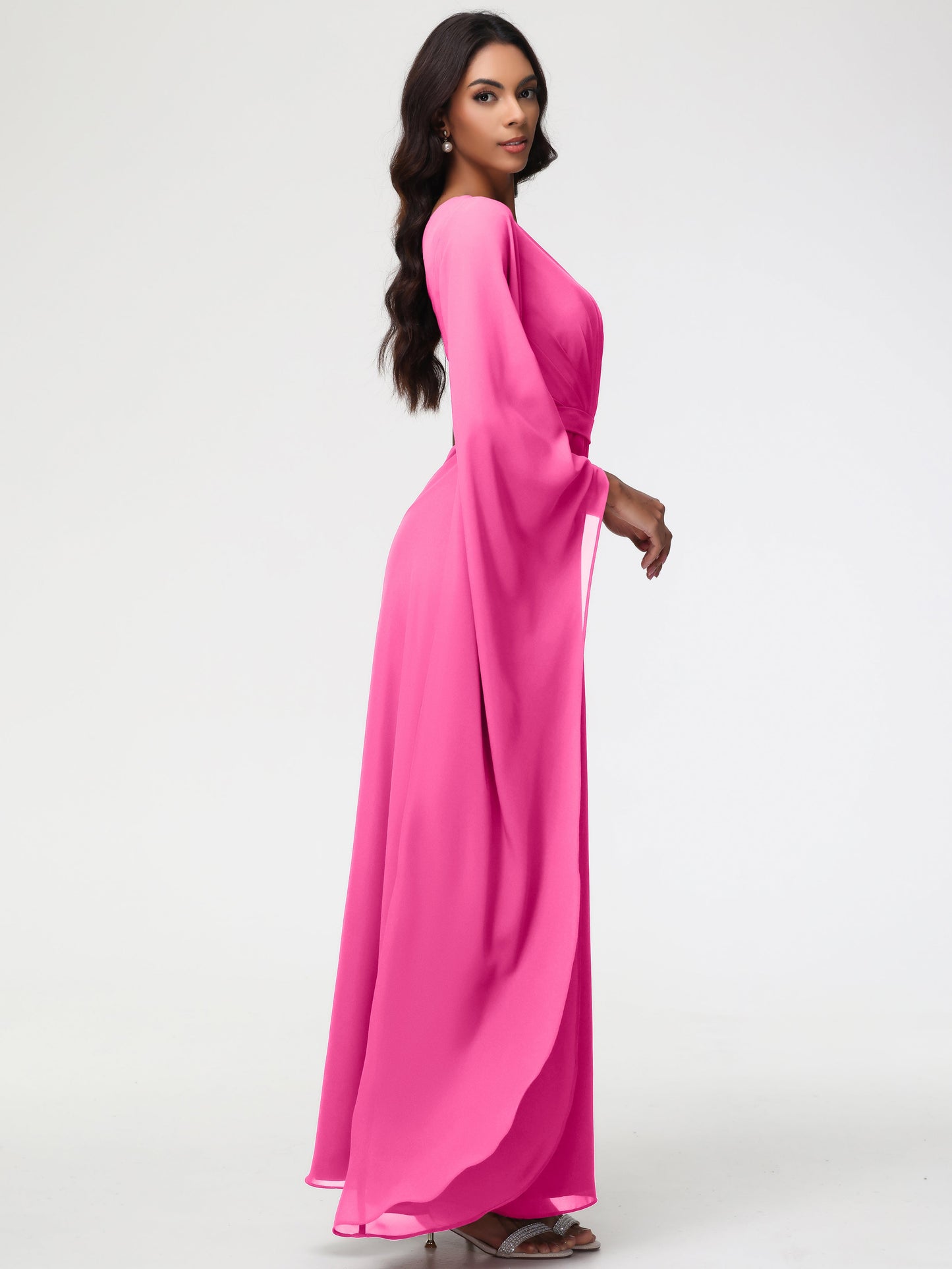 Azalea Bridesmaid Dress Flowy One Shoulder Long Sleeves Floor Length  Chiffon Bridesmaid Dresses