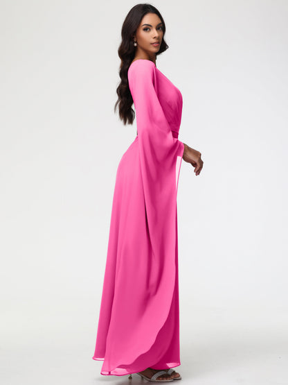 Azalea Bridesmaid Dress Flowy One Shoulder Long Sleeves Floor Length  Chiffon Bridesmaid Dresses