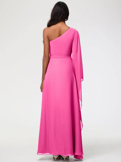 Azalea Bridesmaid Dress Flowy One Shoulder Long Sleeves Floor Length  Chiffon Bridesmaid Dresses