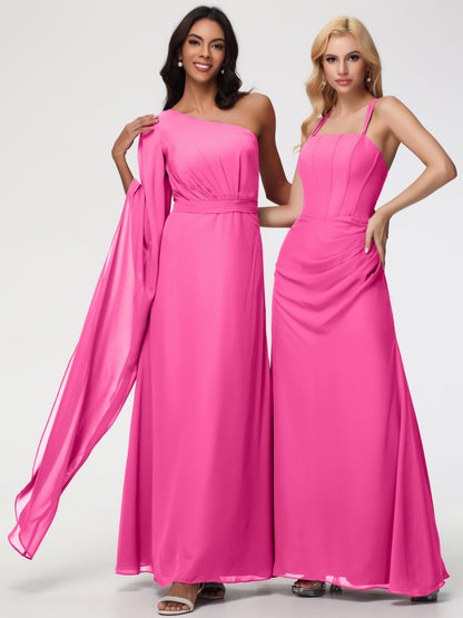 Azalea Bridesmaid Dress Flowy One Shoulder Long Sleeves Floor Length  Chiffon Bridesmaid Dresses