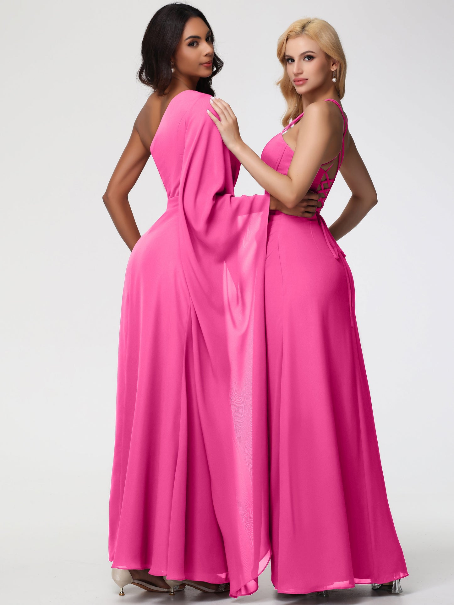 Azalea Bridesmaid Dress Flowy One Shoulder Long Sleeves Floor Length  Chiffon Bridesmaid Dresses
