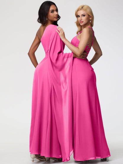 Azalea Bridesmaid Dress Flowy One Shoulder Long Sleeves Floor Length  Chiffon Bridesmaid Dresses