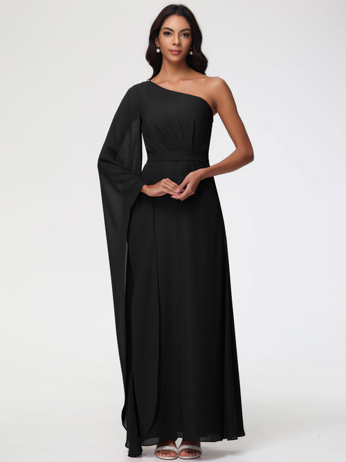 Bridesmaid Dress Black Flowy One Shoulder Long Sleeves Floor Length  Chiffon Bridesmaid Dresses