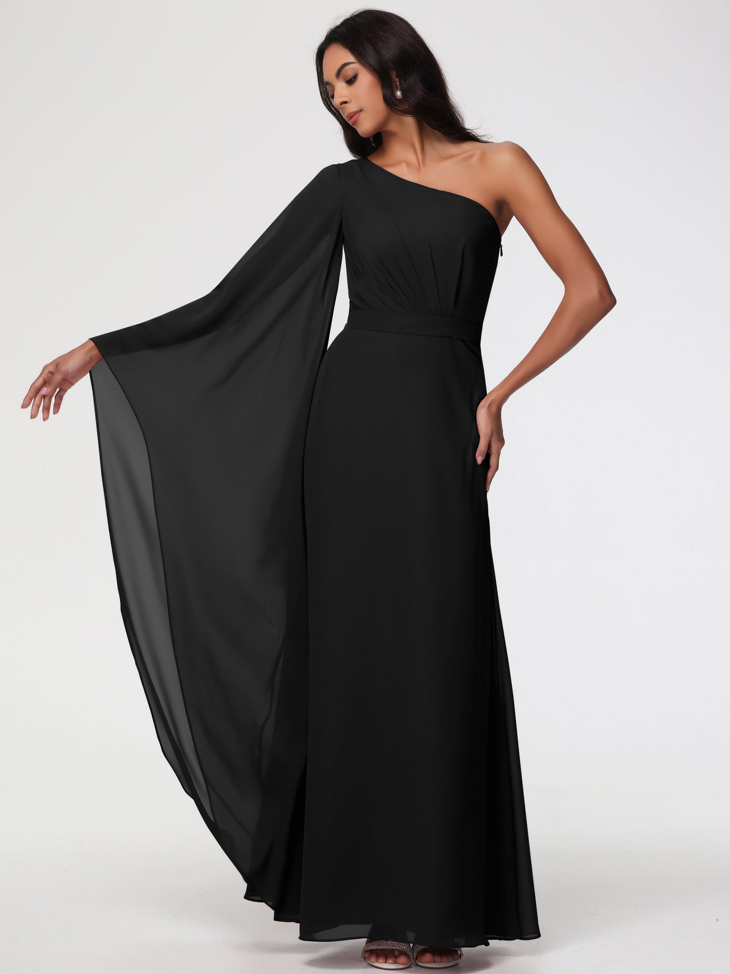 Bridesmaid Dress Black Flowy One Shoulder Long Sleeves Floor Length  Chiffon Bridesmaid Dresses