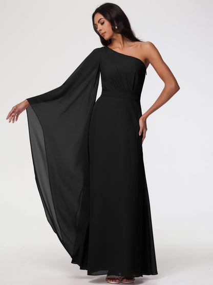Bridesmaid Dress Black Flowy One Shoulder Long Sleeves Floor Length  Chiffon Bridesmaid Dresses