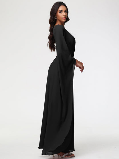 Bridesmaid Dress Black Flowy One Shoulder Long Sleeves Floor Length  Chiffon Bridesmaid Dresses