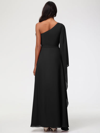 Bridesmaid Dress Black Flowy One Shoulder Long Sleeves Floor Length  Chiffon Bridesmaid Dresses