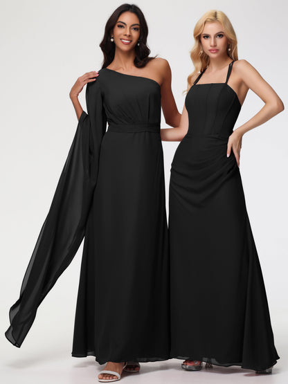 Bridesmaid Dress Black Flowy One Shoulder Long Sleeves Floor Length  Chiffon Bridesmaid Dresses
