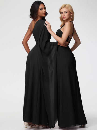 Bridesmaid Dress Black Flowy One Shoulder Long Sleeves Floor Length  Chiffon Bridesmaid Dresses