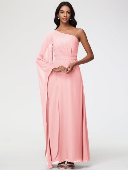 Blush One Shoulder Bridesmaid Dress Flowy Long Sleeves Floor Length  Chiffon Bridesmaid Dresses