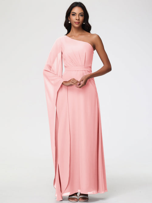 Blush One Shoulder Bridesmaid Dress Flowy Long Sleeves Floor Length  Chiffon Bridesmaid Dresses