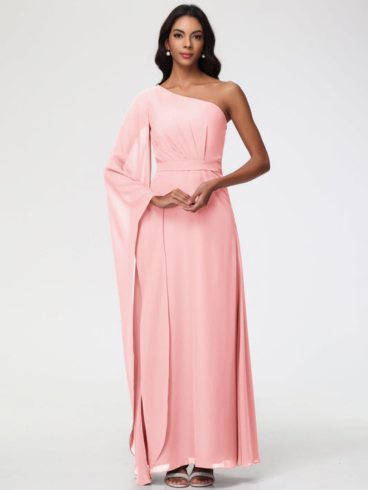 Blush One Shoulder Bridesmaid Dress Flowy Long Sleeves Floor Length  Chiffon Bridesmaid Dresses