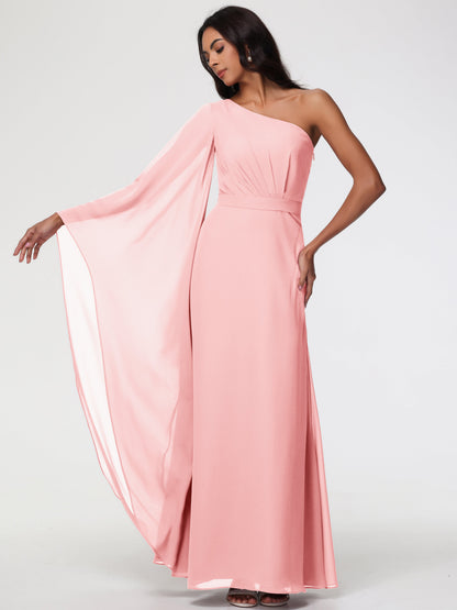 Blush One Shoulder Bridesmaid Dress Flowy Long Sleeves Floor Length  Chiffon Bridesmaid Dresses