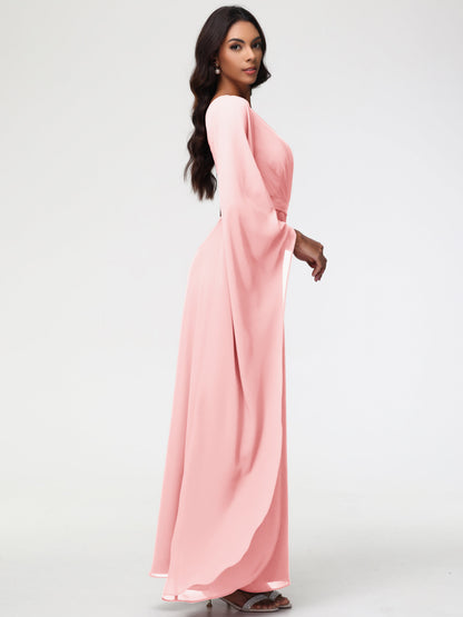 Blush One Shoulder Bridesmaid Dress Flowy Long Sleeves Floor Length  Chiffon Bridesmaid Dresses