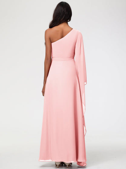 Blush One Shoulder Bridesmaid Dress Flowy Long Sleeves Floor Length  Chiffon Bridesmaid Dresses