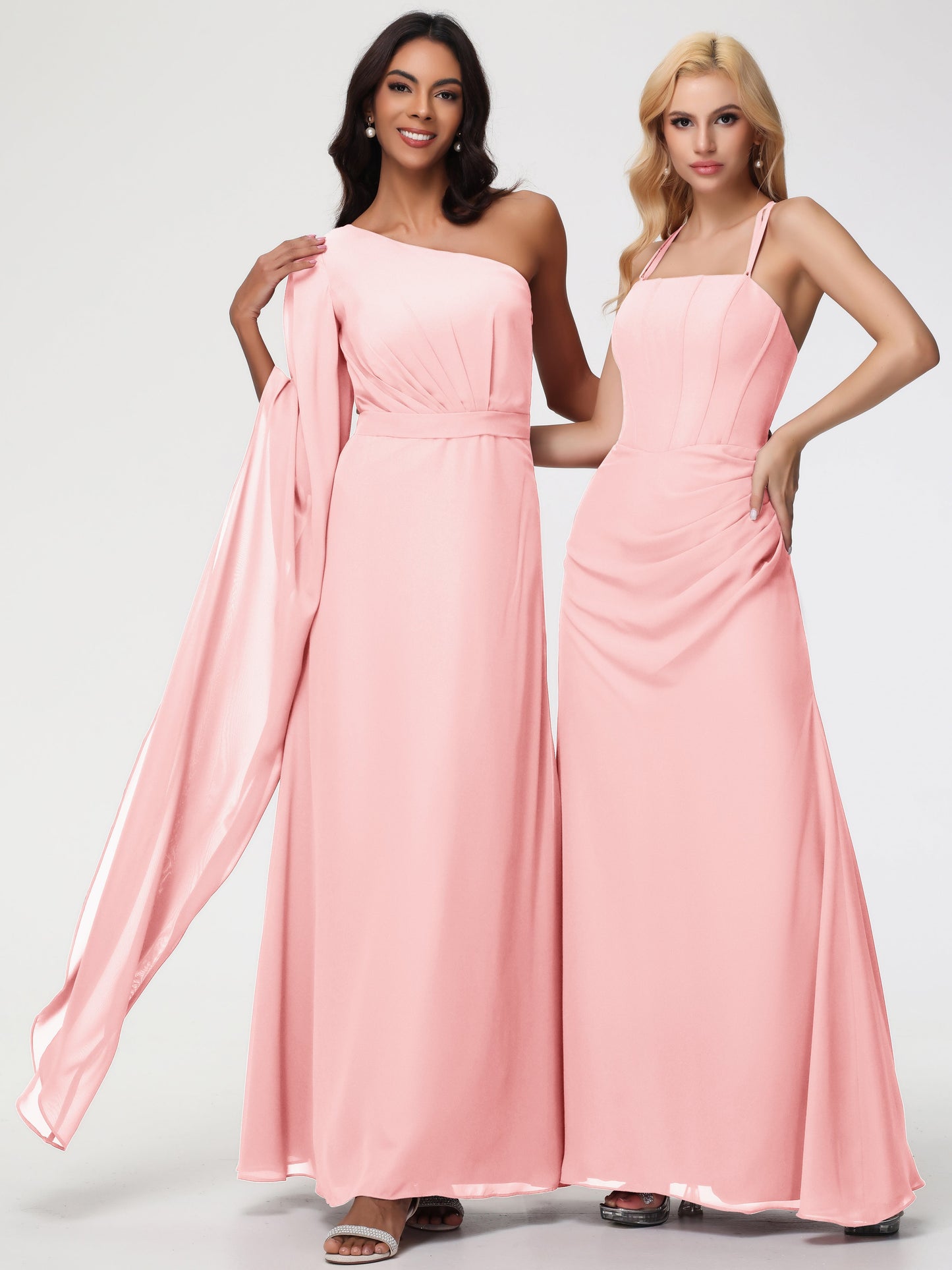 Blush One Shoulder Bridesmaid Dress Flowy Long Sleeves Floor Length  Chiffon Bridesmaid Dresses