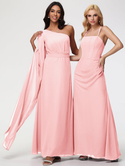 Blush One Shoulder Bridesmaid Dress Flowy Long Sleeves Floor Length  Chiffon Bridesmaid Dresses