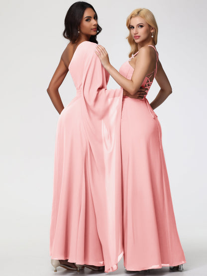 Blush One Shoulder Bridesmaid Dress Flowy Long Sleeves Floor Length  Chiffon Bridesmaid Dresses