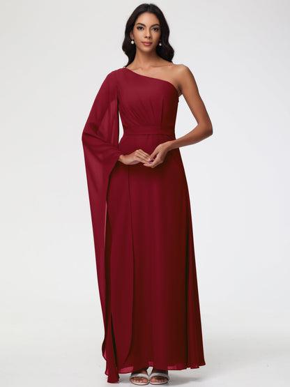 Bridesmaid Burgundy Dresses Flowy One Shoulder Long Sleeves Floor Length  Chiffon Bridesmaid Dresses