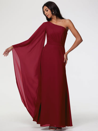 Bridesmaid Burgundy Dresses Flowy One Shoulder Long Sleeves Floor Length  Chiffon Bridesmaid Dresses