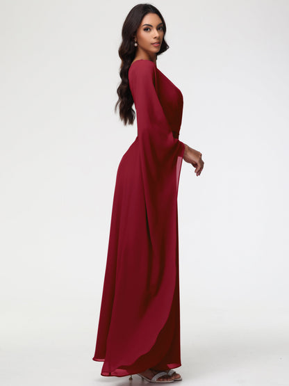 Bridesmaid Burgundy Dresses Flowy One Shoulder Long Sleeves Floor Length  Chiffon Bridesmaid Dresses