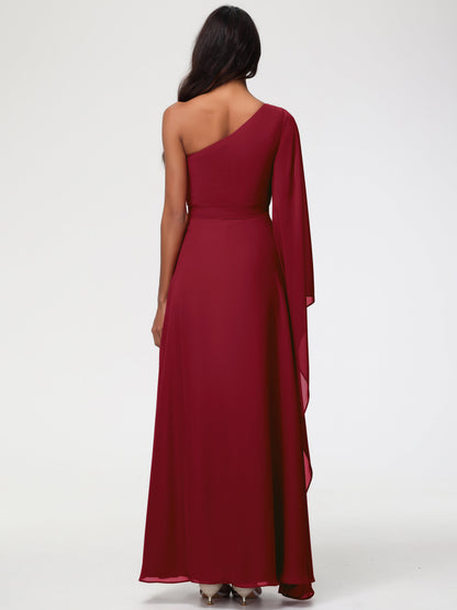 Bridesmaid Burgundy Dresses Flowy One Shoulder Long Sleeves Floor Length  Chiffon Bridesmaid Dresses