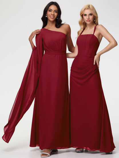 Bridesmaid Burgundy Dresses Flowy One Shoulder Long Sleeves Floor Length  Chiffon Bridesmaid Dresses