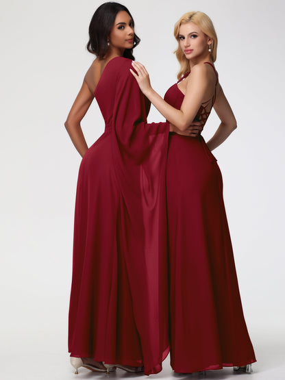 Bridesmaid Burgundy Dresses Flowy One Shoulder Long Sleeves Floor Length  Chiffon Bridesmaid Dresses